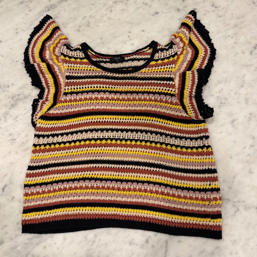 Rails Women Small Crochet Striped Flutter Sleeve Top Black‎ Yellow Pink Multi